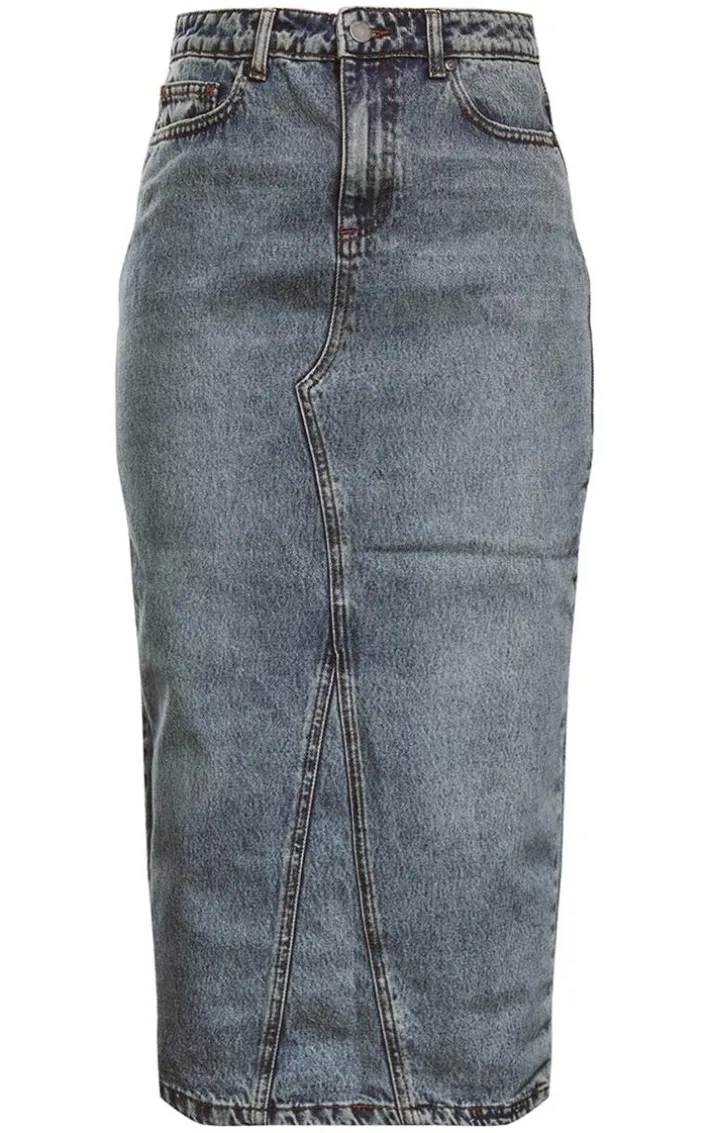 Acid Blue Wash Denim Split Back Midi Skirt