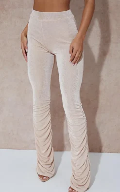 Hot PrettyLittleThing Acetate Slinky Ruched Flared Pants Almond
