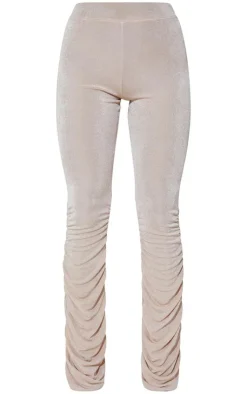 Hot PrettyLittleThing Acetate Slinky Ruched Flared Pants Almond