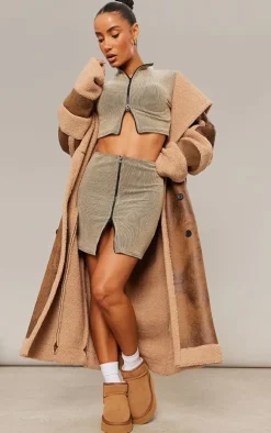 PrettyLittleThing Two Tone Crinkle Rib Mini Skirt Almond