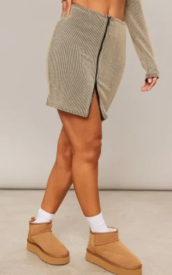 PrettyLittleThing Two Tone Crinkle Rib Mini Skirt Almond