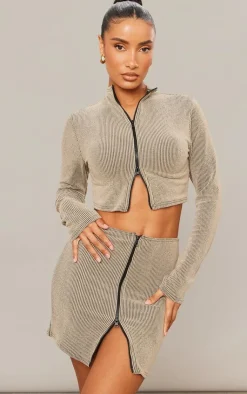 PrettyLittleThing Two Tone Crinkle Rib Mini Skirt Almond