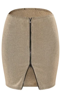 PrettyLittleThing Two Tone Crinkle Rib Mini Skirt Almond
