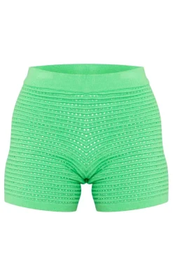Clearance PrettyLittleThing Wave Open Knit Booty Shorts Apple Green