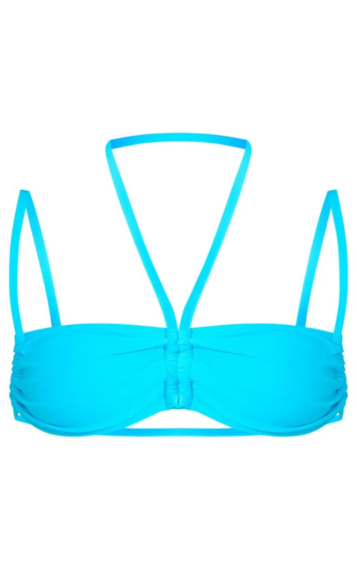Aqua Blue Ruched Halter Neck Bikini Top