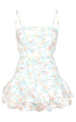 Aqua Floral Print Textured Frill Detail Strappy Romper