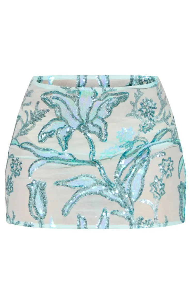 Sale PrettyLittleThing Floral Sequin Mini Skirt Aqua