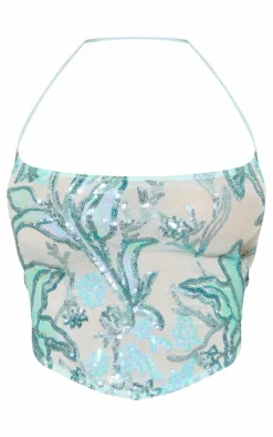 Sale PrettyLittleThing Floral Sequin Strappy Crop Top Aqua