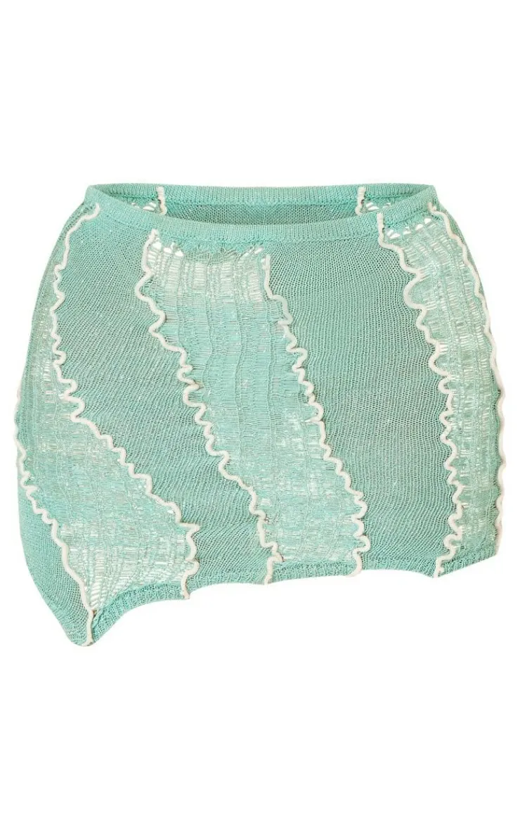 Hot PrettyLittleThing Glitter Contrast Knit Asymmetric Mini Skirt Aqua