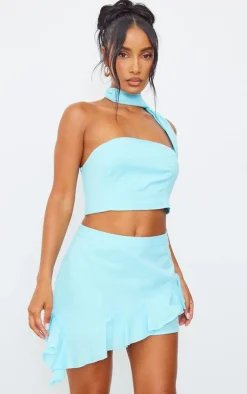 Hot PrettyLittleThing Linen Look Scarf Detail Bandeau Aqua