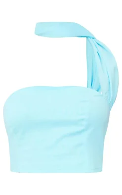 Hot PrettyLittleThing Linen Look Scarf Detail Bandeau Aqua