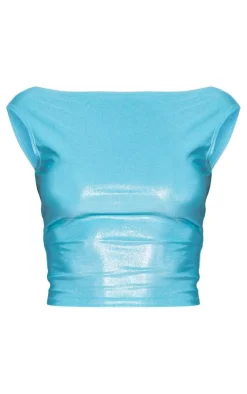 New PrettyLittleThing Metallic Open Back Cap Sleeve Longline Top Aqua