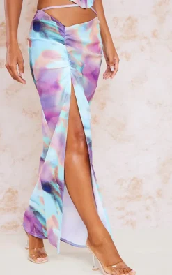 Discount PrettyLittleThing Tie Dye Printed Split Maxi Skirt Aqua