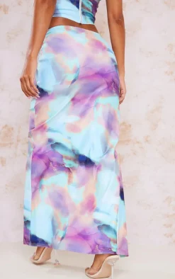 Discount PrettyLittleThing Tie Dye Printed Split Maxi Skirt Aqua