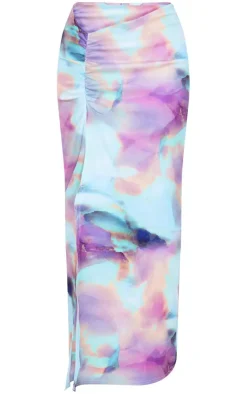 Discount PrettyLittleThing Tie Dye Printed Split Maxi Skirt Aqua