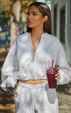 Outlet PrettyLittleThing Drawcord Waist Cropped Zip Up Sweatshirt Ash Grey