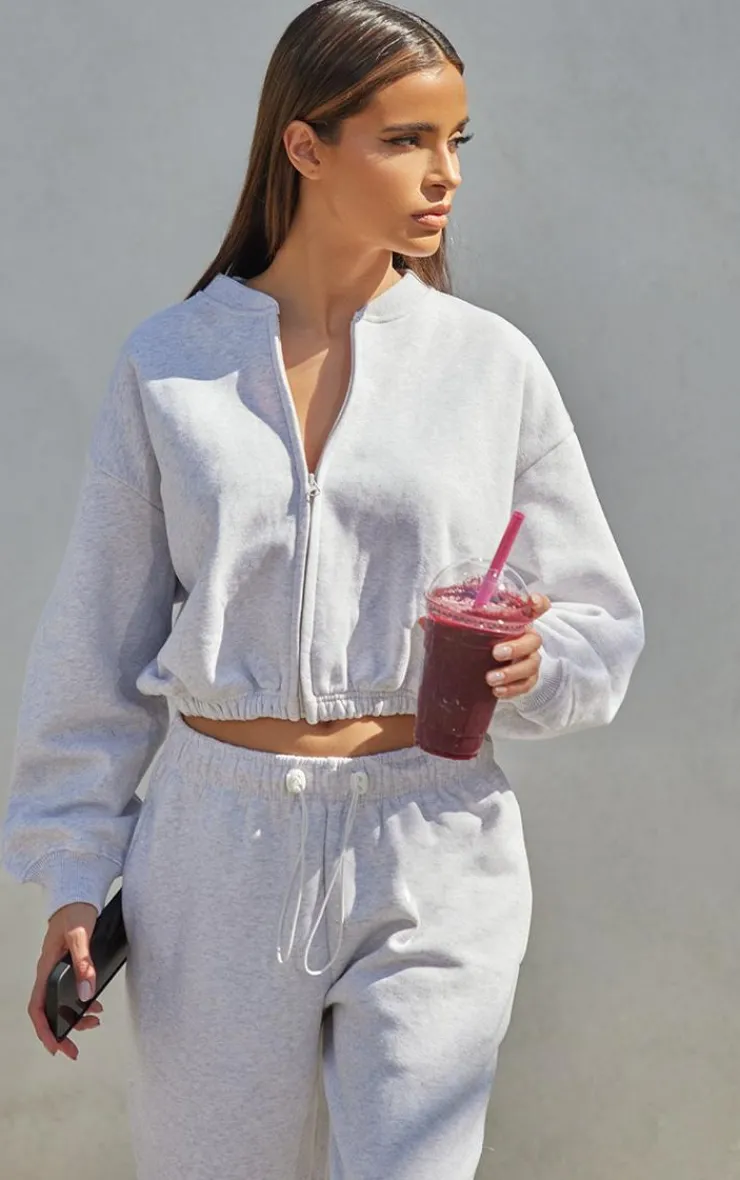 Outlet PrettyLittleThing Drawcord Waist Cropped Zip Up Sweatshirt Ash Grey