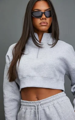 Clearance PrettyLittleThing Half Zip Cropped Sweat Ash Grey