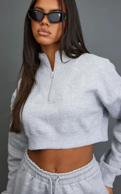 Clearance PrettyLittleThing Half Zip Cropped Sweat Ash Grey
