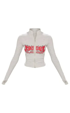 Clearance PrettyLittleThing Jersey Zip Through Graphic Printed Long Sleeve Top Ash Grey