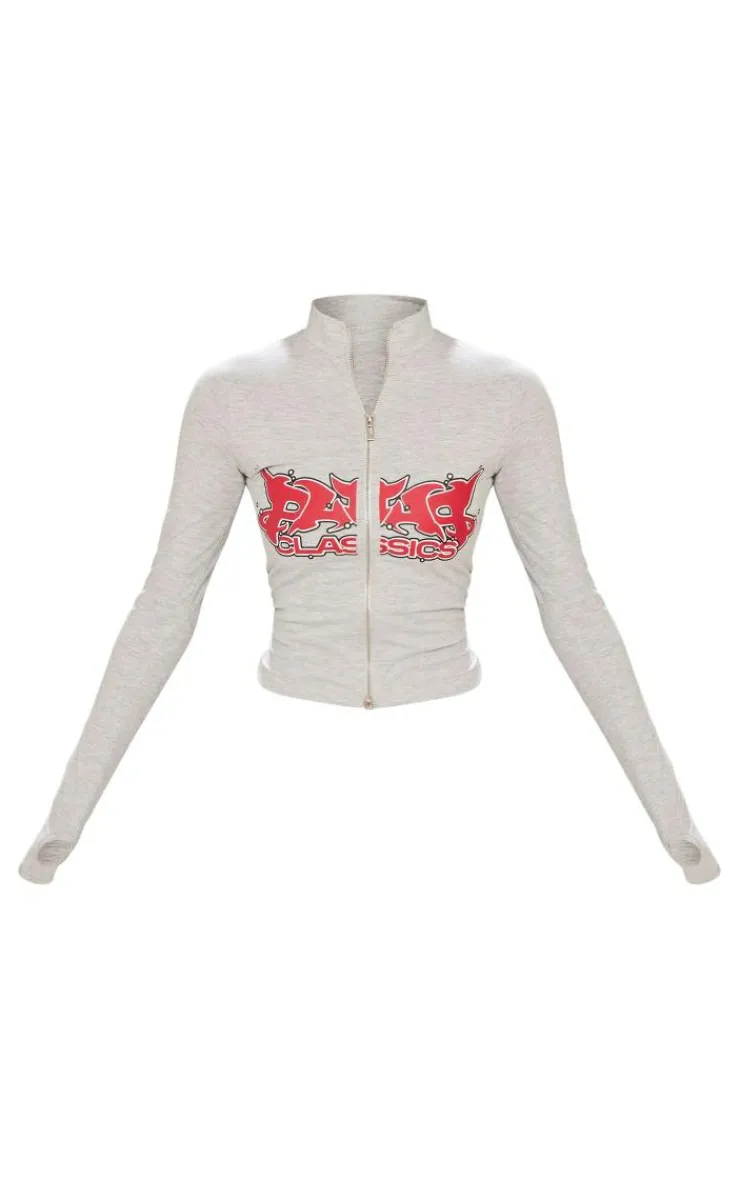 Clearance PrettyLittleThing Jersey Zip Through Graphic Printed Long Sleeve Top Ash Grey
