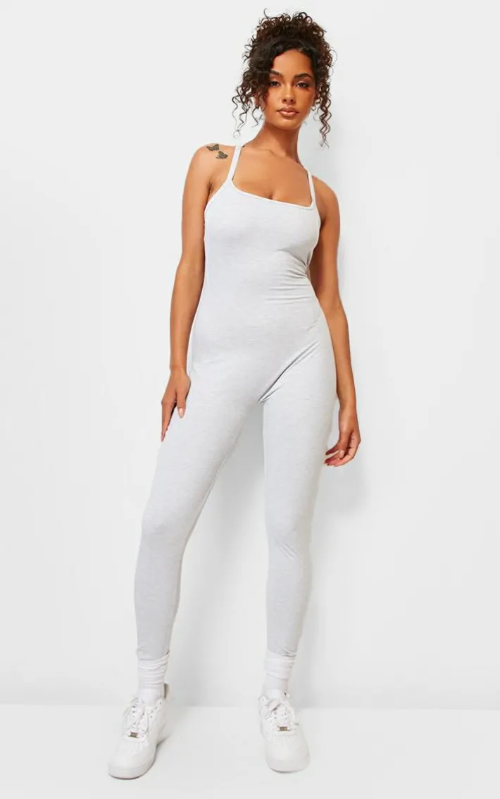 Ash Grey Marl Cotton Scoop Back Strap Detail Jumpsuit