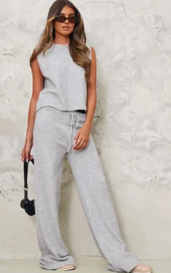 Clearance PrettyLittleThing Marl Soft Knit High Neck Sleeveless Crop Top Ash Grey