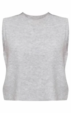 Clearance PrettyLittleThing Marl Soft Knit High Neck Sleeveless Crop Top Ash Grey