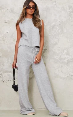 Discount PrettyLittleThing Marl Soft Knit Wide Leg Pants Ash Grey