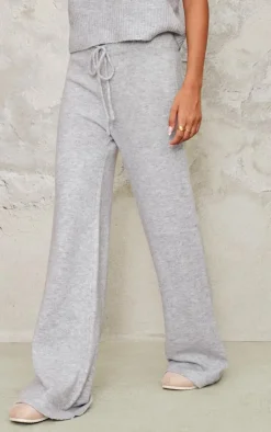 Discount PrettyLittleThing Marl Soft Knit Wide Leg Pants Ash Grey