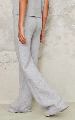 Discount PrettyLittleThing Marl Soft Knit Wide Leg Pants Ash Grey