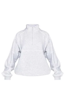 PrettyLittleThing Grey Sweatsuits*Oversized Contrast Piping Quarter Zip Sweatshirt