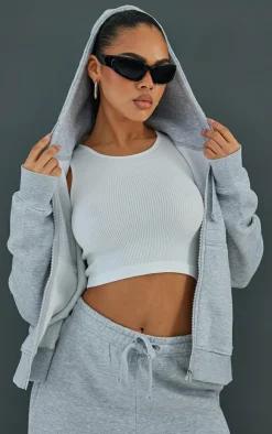 New PrettyLittleThing Oversized Hooded Zip Up Sweat Hoodie Ash Grey