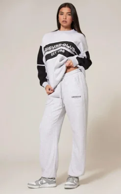 New PrettyLittleThing Print Embroidered Leisure Club Wide Leg Sweatpants Ash Grey