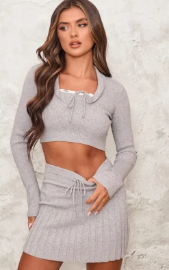 Outlet PrettyLittleThing Rib Knit Long Sleeve Layered Crop Top Ash Grey