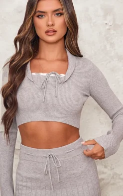 Outlet PrettyLittleThing Rib Knit Long Sleeve Layered Crop Top Ash Grey