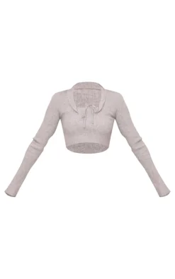 Outlet PrettyLittleThing Rib Knit Long Sleeve Layered Crop Top Ash Grey