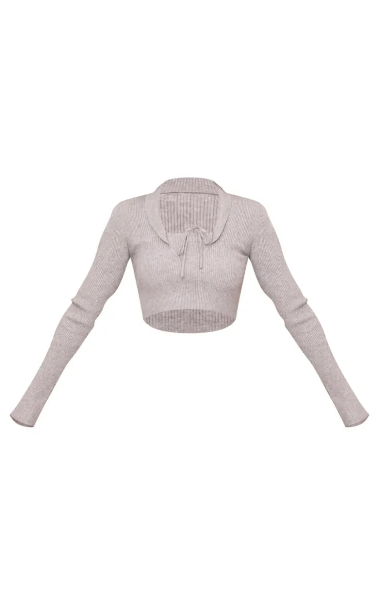 Outlet PrettyLittleThing Rib Knit Long Sleeve Layered Crop Top Ash Grey