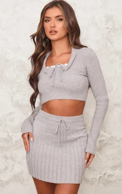 Best PrettyLittleThing Rib Knit Pleated Tie Waist Mini Skirt Ash Grey