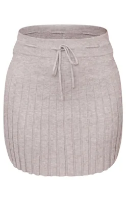 Best PrettyLittleThing Rib Knit Pleated Tie Waist Mini Skirt Ash Grey