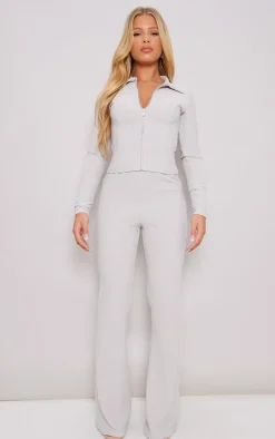 Hot PrettyLittleThing Rib Zip Through High Neck Long Sleeve Top Ash Grey