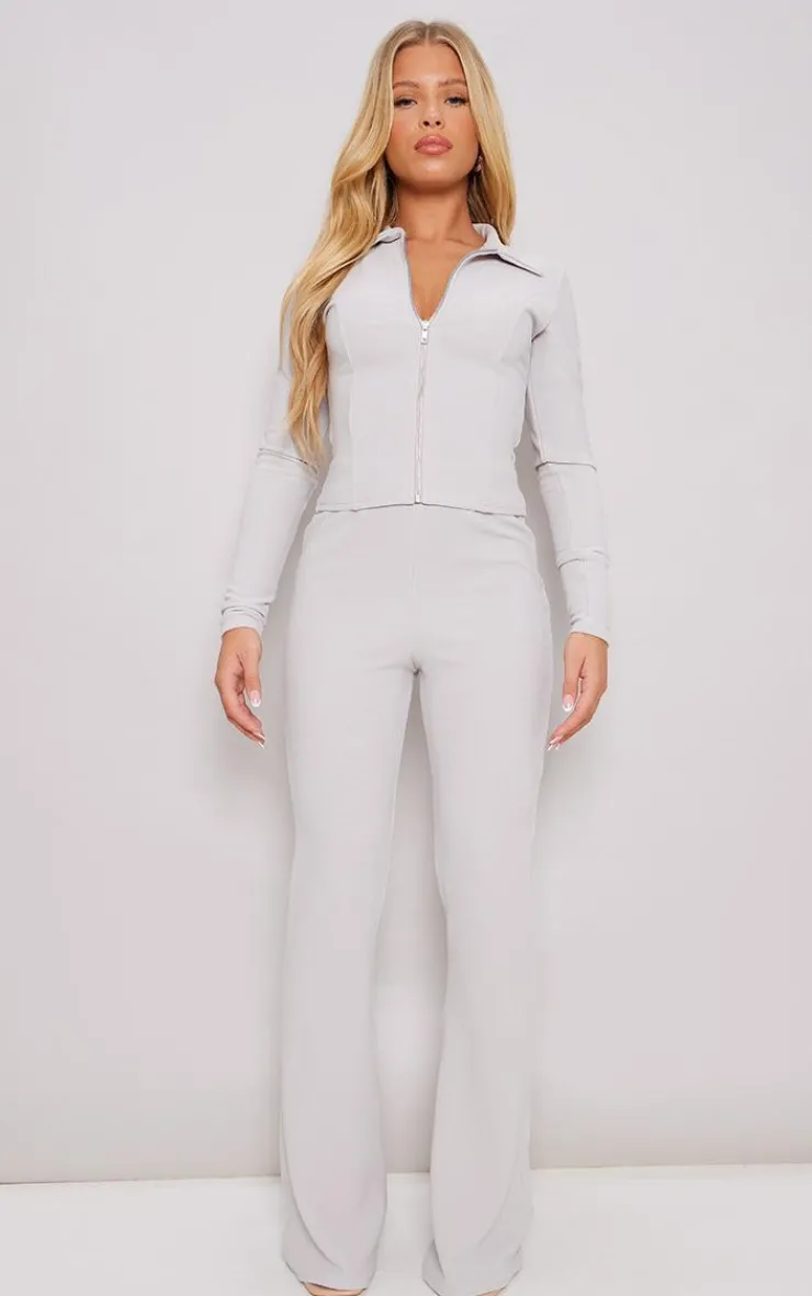 Hot PrettyLittleThing Rib Zip Through High Neck Long Sleeve Top Ash Grey