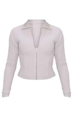 Hot PrettyLittleThing Rib Zip Through High Neck Long Sleeve Top Ash Grey