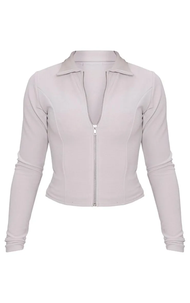 Hot PrettyLittleThing Rib Zip Through High Neck Long Sleeve Top Ash Grey