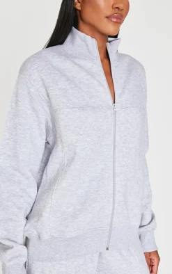 Discount PrettyLittleThing Seam Detailed Zip Up Sweatshirt Ash Grey