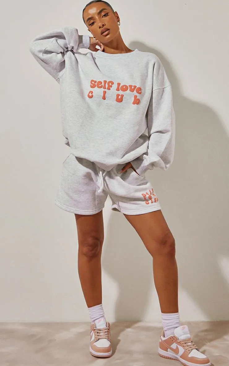 Clearance PrettyLittleThing Self Love Club Puff Print Oversized Runner Shorts Ash Grey