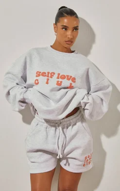 Clearance PrettyLittleThing Self Love Club Puff Print Oversized Runner Shorts Ash Grey