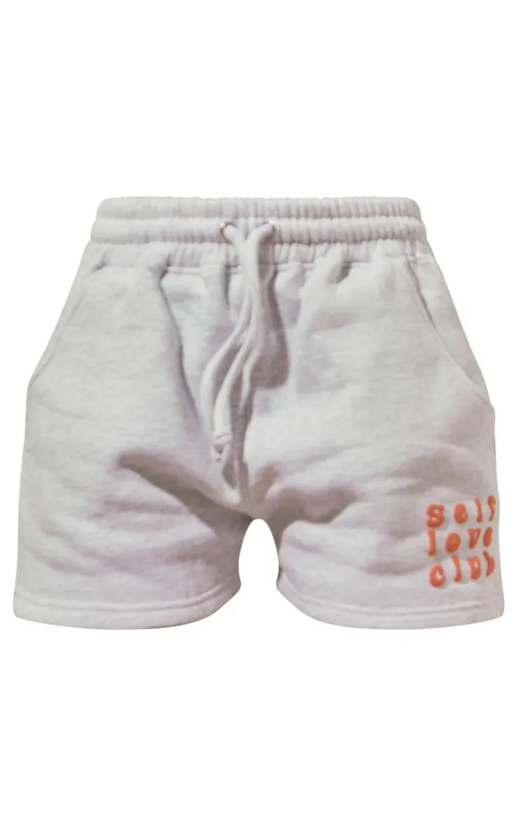 Clearance PrettyLittleThing Self Love Club Puff Print Oversized Runner Shorts Ash Grey