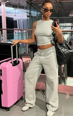 Hot PrettyLittleThing Smile Embossed Wide Leg Sweatpants Ash Grey