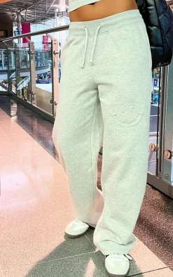 Hot PrettyLittleThing Smile Embossed Wide Leg Sweatpants Ash Grey